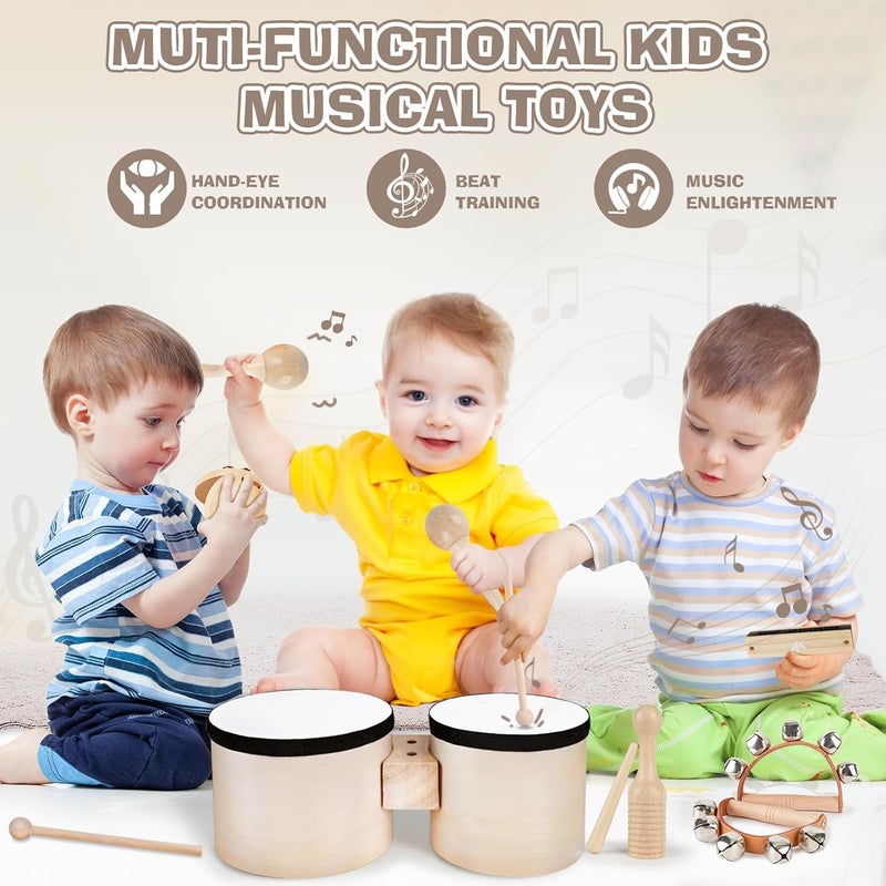 Vanplay Kids Drum Set - Toys for 2 3 Year Old Boy Gifts, Musical Instruments for Toddler 2-4, Birthday Gifts for 3 4 Year Old Girls, Wooden Montessori with Bongo Drum for Kids Age 2 3 4 5 6 - Image 3